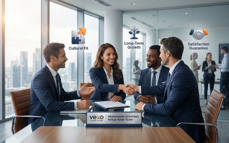 Professional business team shaking hands in a high-rise office for permanent staffing and cultural fit.