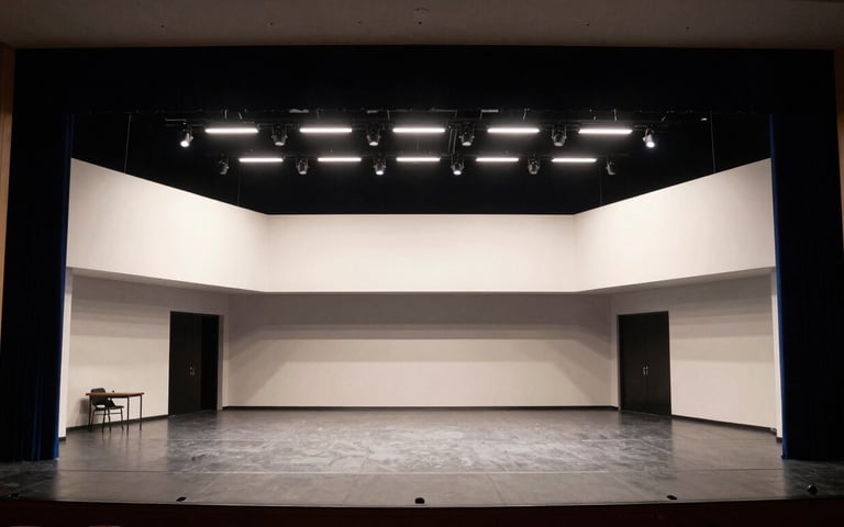 A wide shot of a contemporary theater stage at George Mason University in North American / US, during a rehearsal with dramatic navy and white lighting.