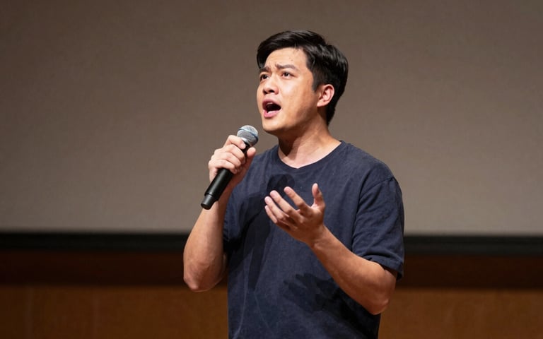 An action shot of an actor performing a dramatic monologue on a North American / US university stage, highlighting intensity and lighting.