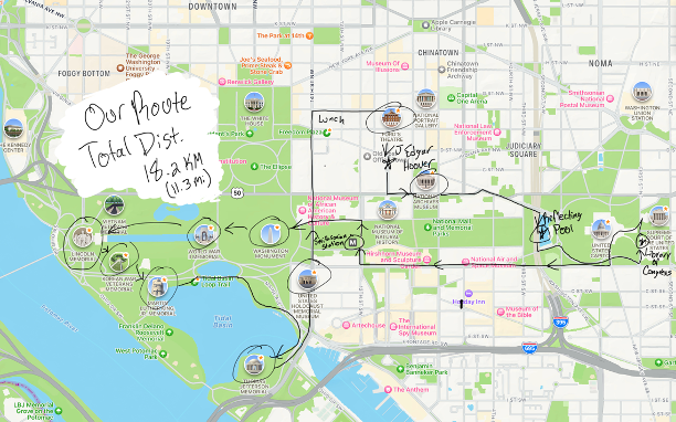 A map showing the route of travel in Washington DC and saying total distance 18.2 km