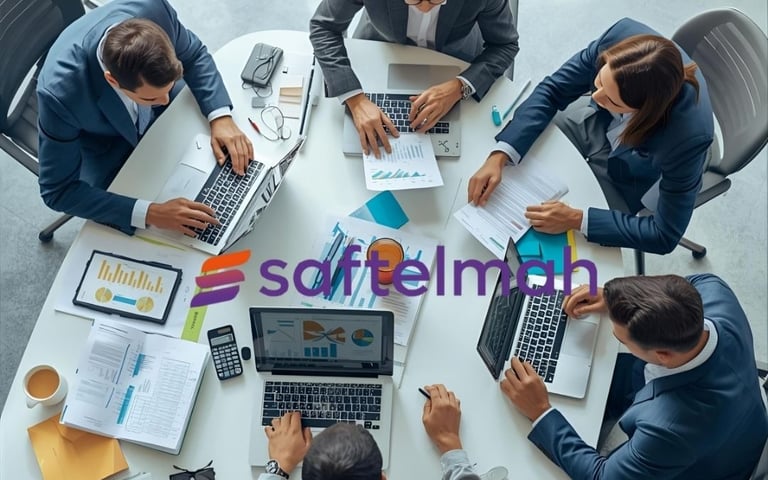 a group of people sitting around a table with laptops