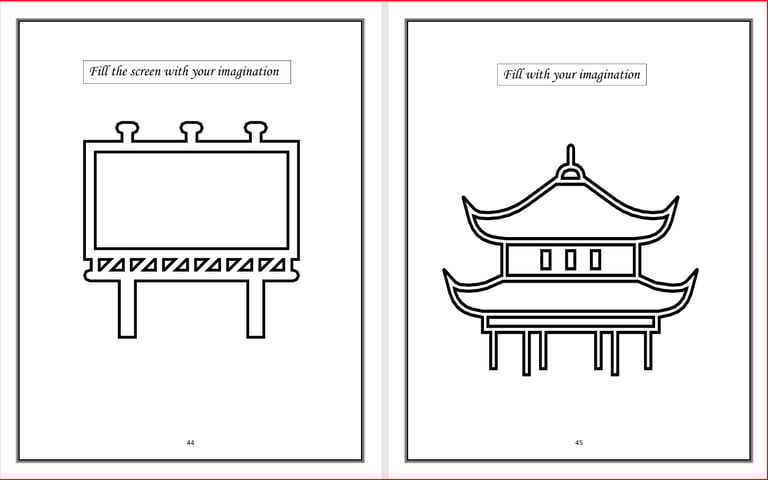 a doodling page of chinese architecture and a billboard