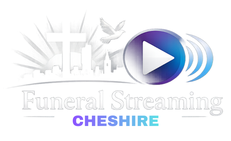 Funeral streaming services in Cheshire featuring a cross and dove logo with a play button icon.