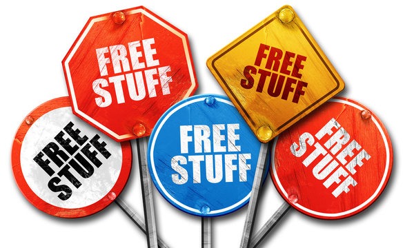 A collection of colorful red, blue, and yellow street signs with the text free stuff.