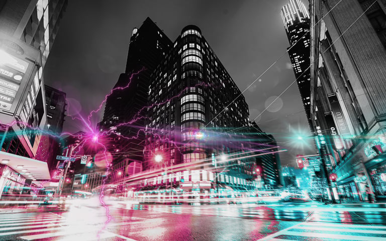 Toronto at night in a black and white photo with neon bursts coming from it for Helena's new LitRPG