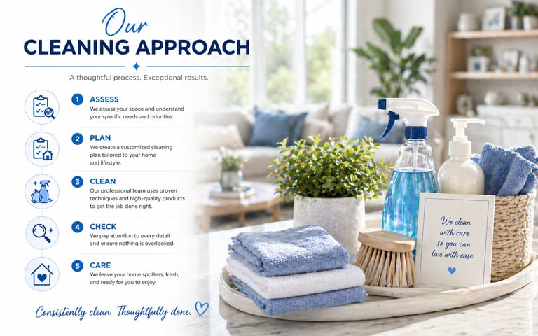 Professional house cleaning process infographic showing spray bottle and supplies in a bright living room.