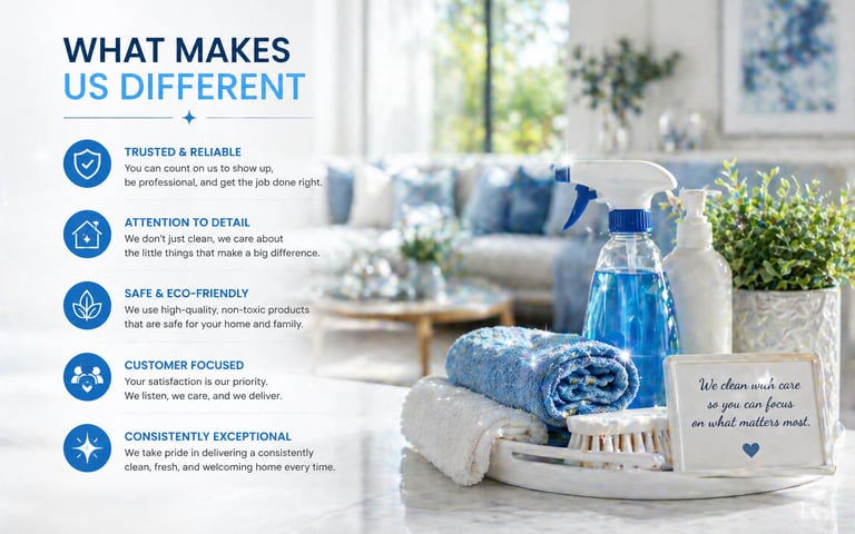 Professional eco-friendly house cleaning supplies and towels on a counter with service benefits listed.