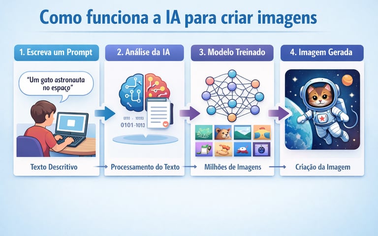 Infográfico mostrando como funciona a IA para criar imagens a partir de prompts de texto.