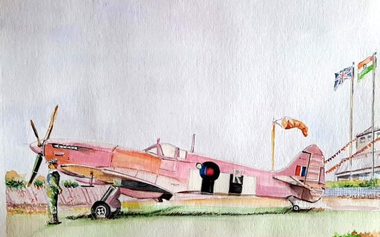 Vintage aviation art, pink spitfire aircraft