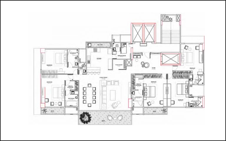 Detailed 2D architectural floor plan of a luxury 4-bedroom apartment with a spacious living room and balcony.