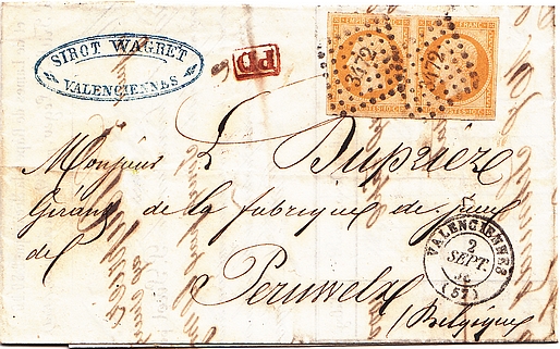 Letter from VALENCIENNES to PERUWELZ franked at 20 c