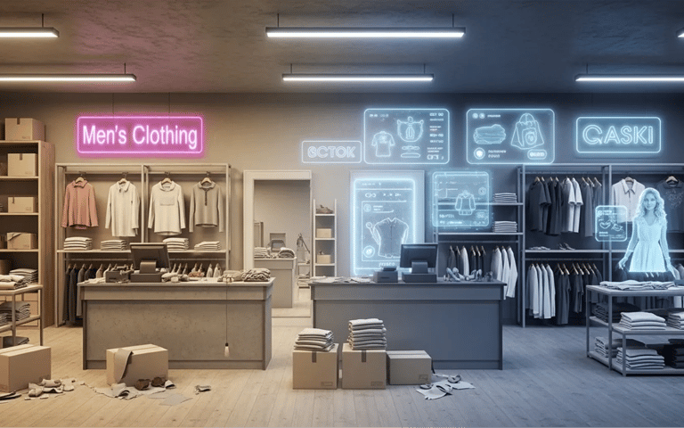 Traditional Malaysian shop transitioning into a futuristic digital business with holographic overlays, symbolizing digital tr