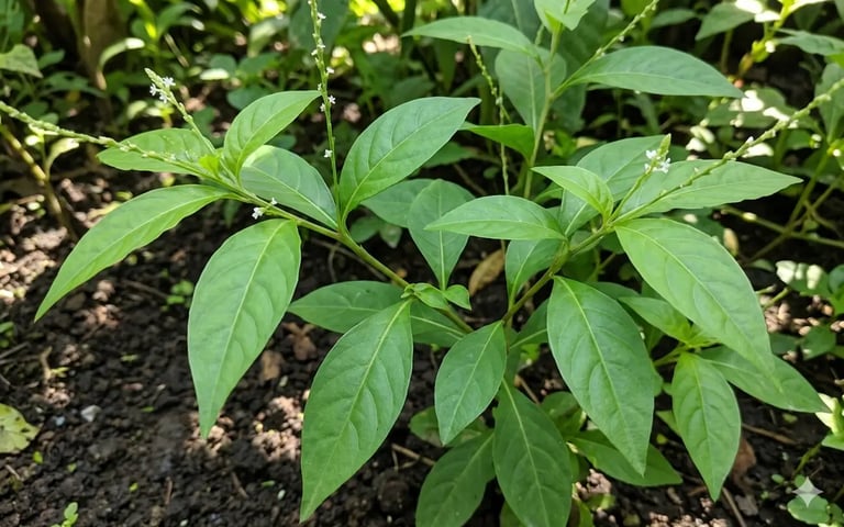 Planta guiné de verde vibrante, com folhas longas e pequenas flores brancas, crescendo em solo escur