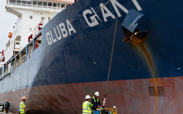 Marine engineer performing maintenance on a ship's engine at a dockside facility.