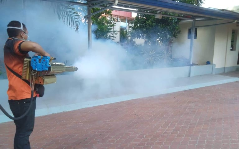 A pest control professional uses a thermal fogging machine for mosquito in a school yard.