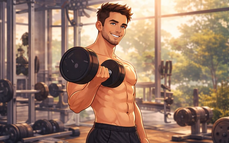 Animerad vit man utan tröja som trÀnar med en hantel