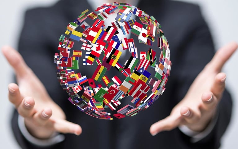 a person holding a ball with flags on it