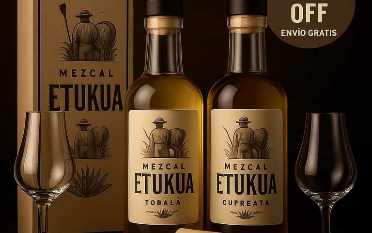 Paquete connoisseur Etukua con botellas de Tobalá y Cupreata de 500ml junto a copas tulipán y certif