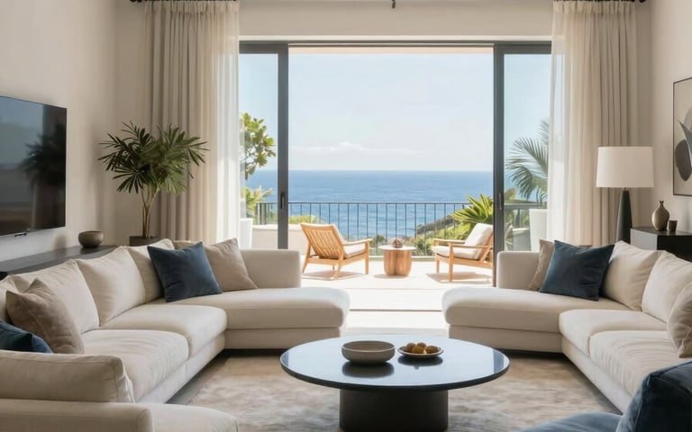 Wide interior shot of a spacious, high-end living room with contemporary furniture in off-white and muted blue tones, overlooking a terrace in Southern Europe.