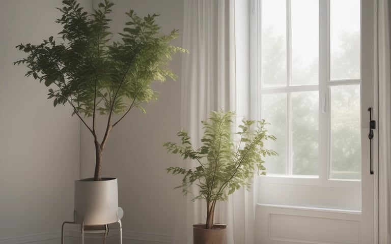 a planter in a room with a chair and a potted plant