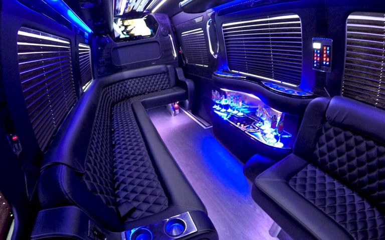 luxury interior of sprinter party bus in NJ, NY, MA, CT and nearby areas