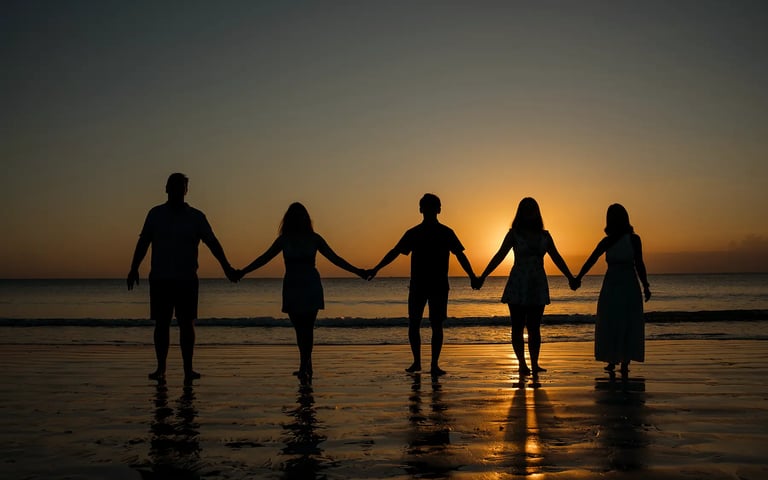 Family silhouette holding hands during sunset at Jimbaran Beach Bali