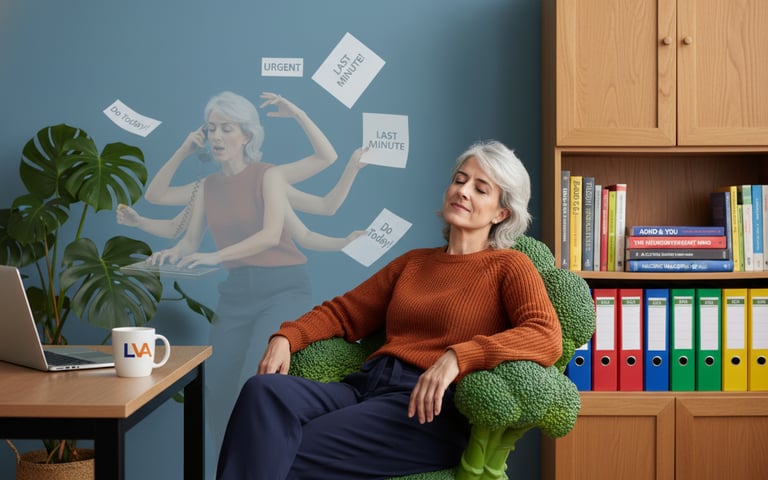 A businesswoman sits calmly in a green armchair as a ghostly multitasking version behind is stressed