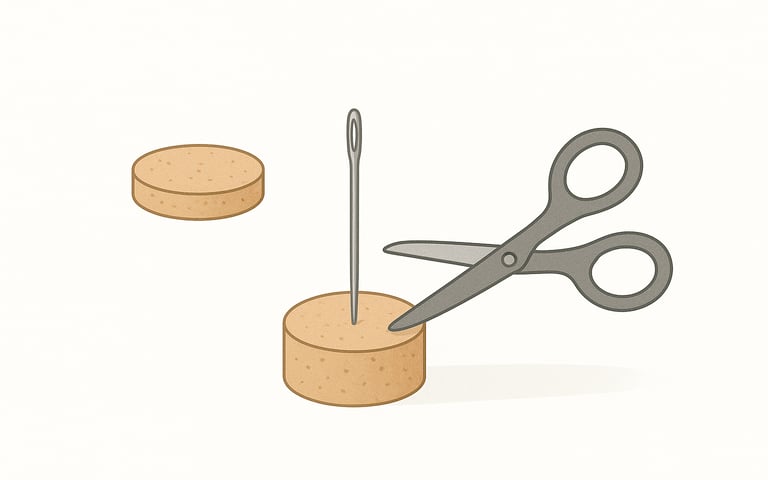Scissors, needle, and bottle cork