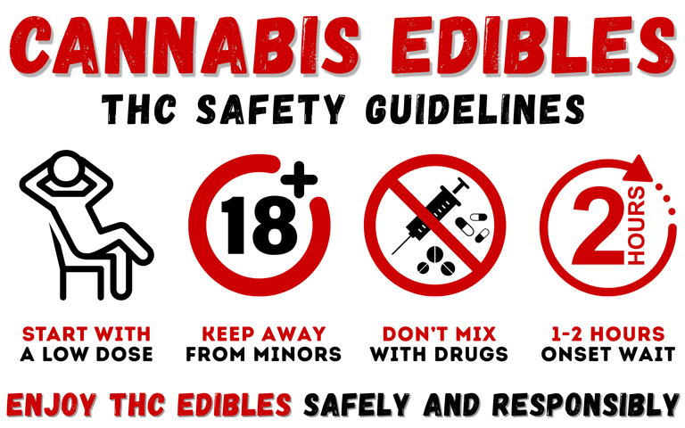 Infographic on cannabis edibles safety, showing 'start with little', 'keep away from kids', 'don't mix with alcohol', and