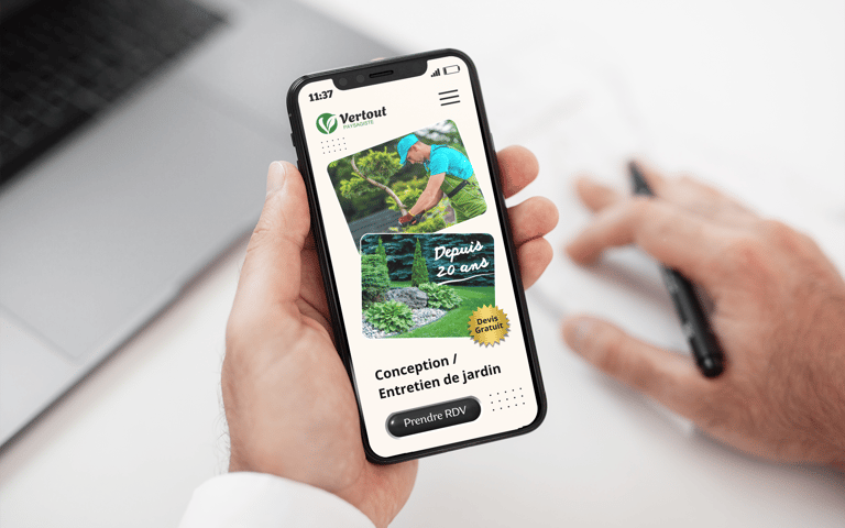 Smartphone montrant le site web d'une entreprise de services d'entretien et de conception de jardins