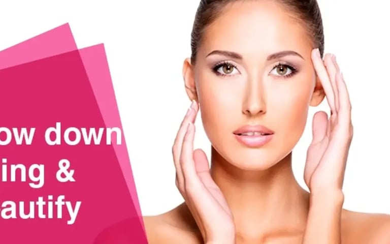 pretty woman looking at camera, text 'slow down aging & beautify'