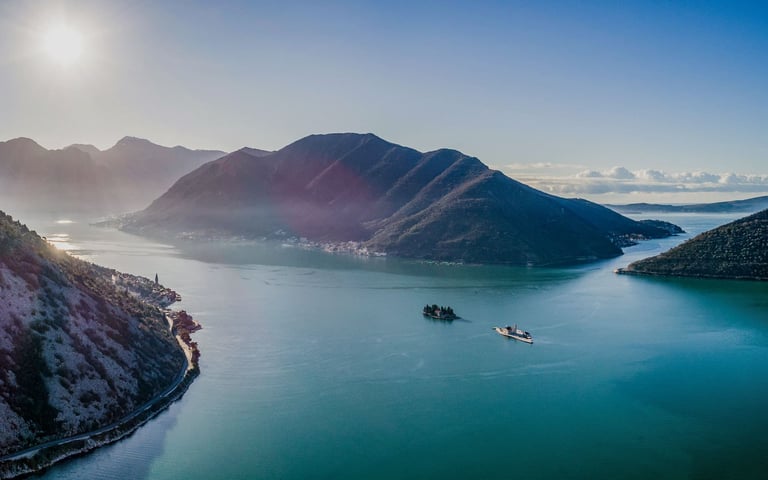 Aerial view of Perast's two islands most picturesque village in Montenegro
