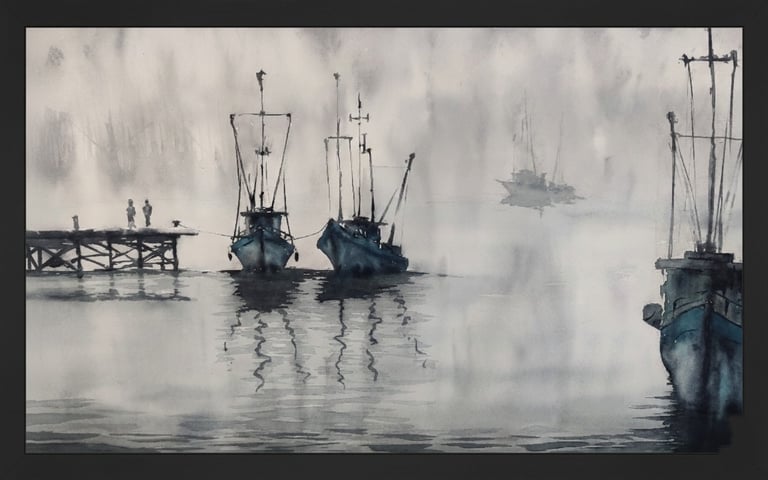 watercolour painting of boats in mist.