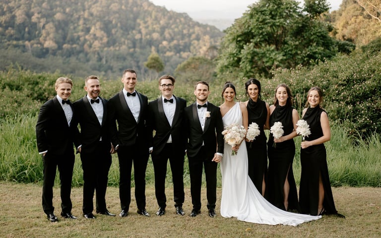 Wedding party at venue standing for photographer