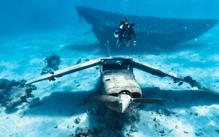 A scuba diver enjoying with a plane wreck