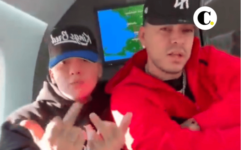 Indignant singers Fied and Ryan Castro flip off camera in a private jet