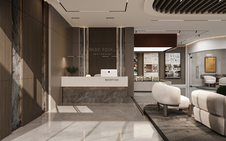Antalya Park Royal Residences satış ofisi iç mimari tasarımı.