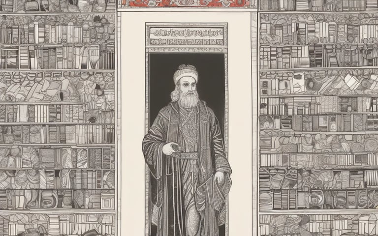 a man in a long robe standing in front of a bookcase