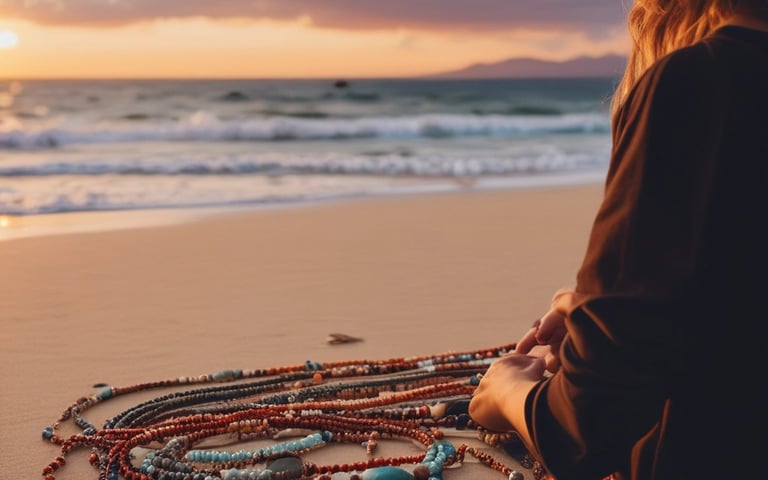una persona comprando un collar de macrame y de fondo una playa de mexico amaneciendo