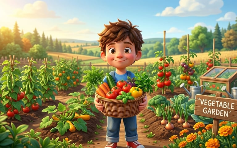 A smiling young boy holding a harvest basket of fresh vegetables in a lush organic garden.