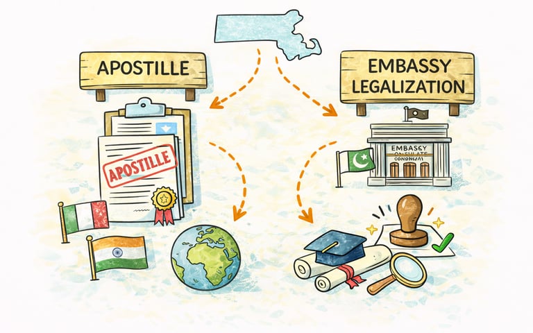 Difference between apostille and embassy legalization from Massachusetts