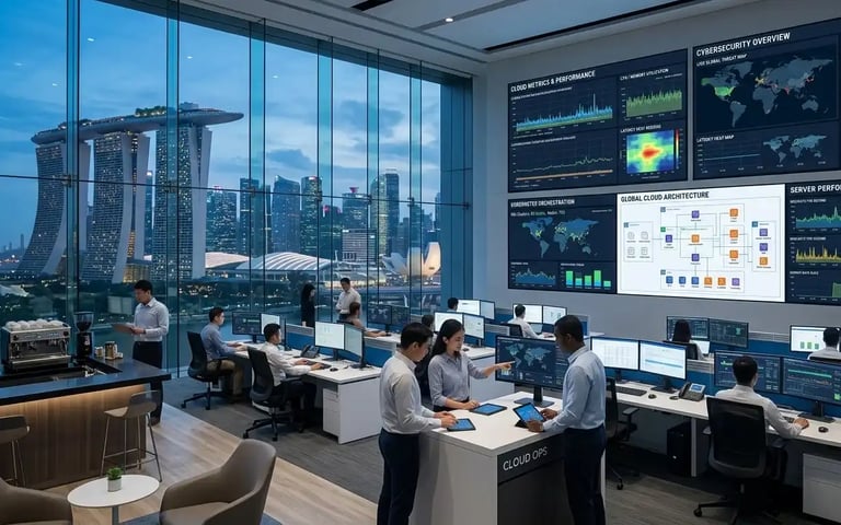 Enterprise cloud operations center managing cloud infrastructure and digital services in Singapore.