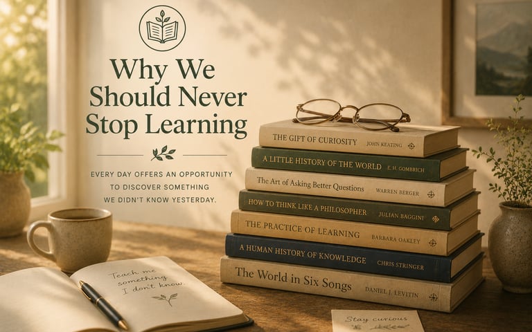 Stack of books in warm sunlight representing curiosity, lifelong learning, and the joy of discovery.