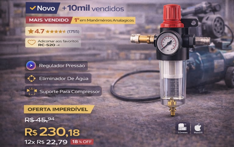 Regulador de pressão e filtro de ar para compressor com manômetro analógico e eliminador de água.