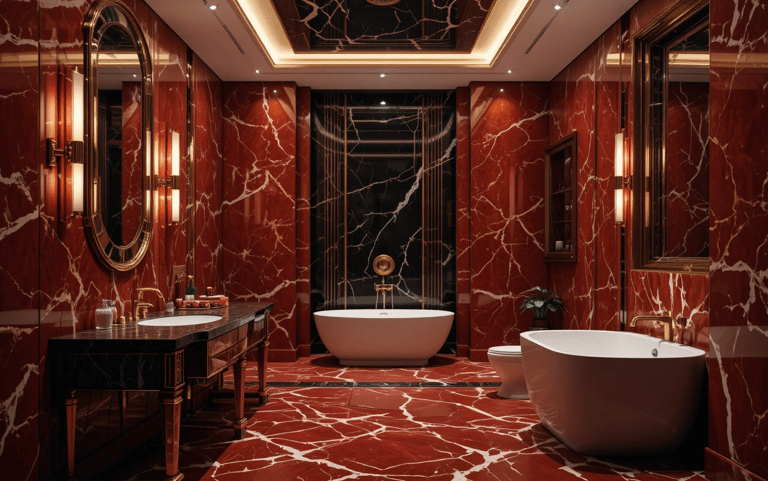 Baño Art Déco moderno con mármol rojo y detalles dorados