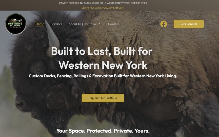Website design for Exterior Solutions of WNY showing contractor homepage for decks, fencing, railing