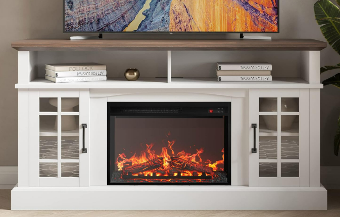 fireplace tv stand in cream with wood accents