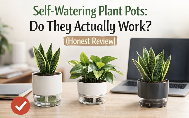 self-watering pots with green plants