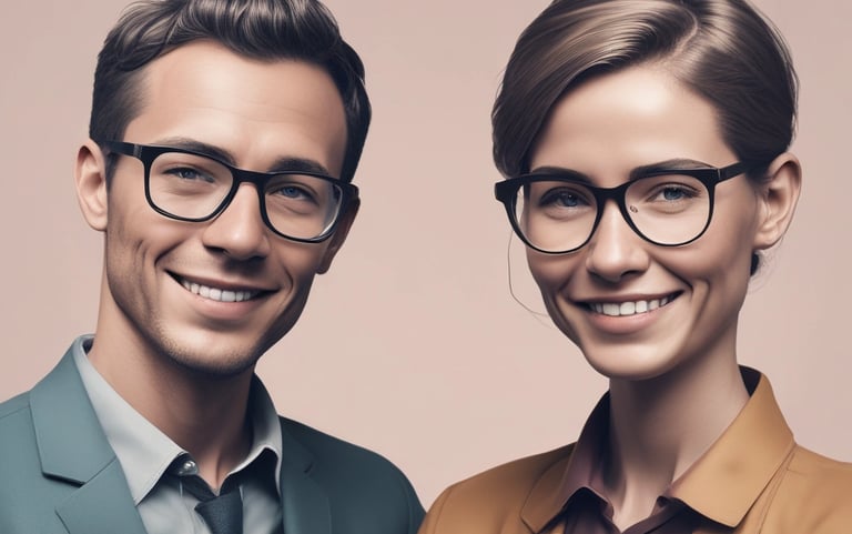 a man and woman in glasses and a suit