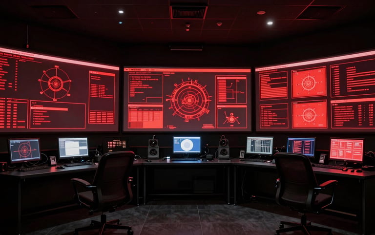 Ultra-wide 2.39:1 anamorphic crop of a dark tactical control room simulation, sharp red UI glowing on screens, low-key dramatic lighting.